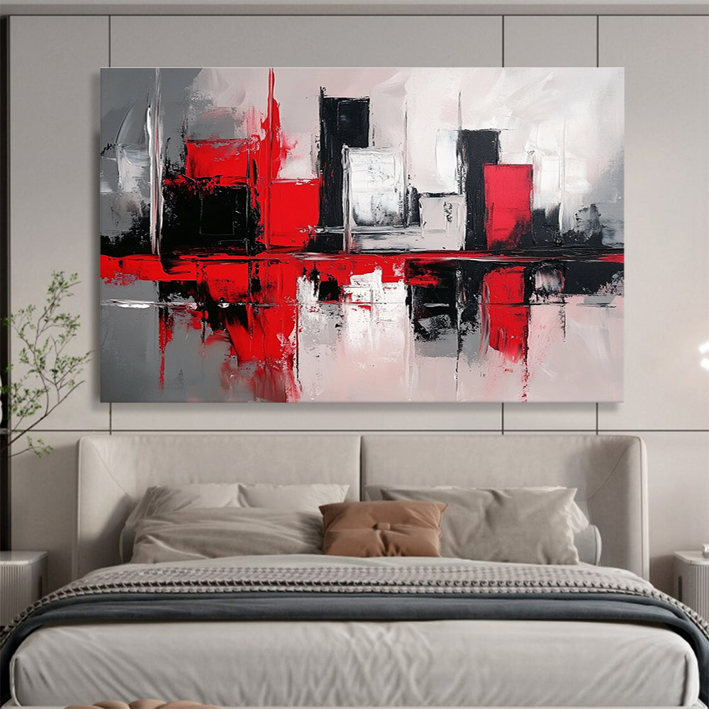 Red and Black Cityscape Abstract Painting with Reflective Elements ABS398