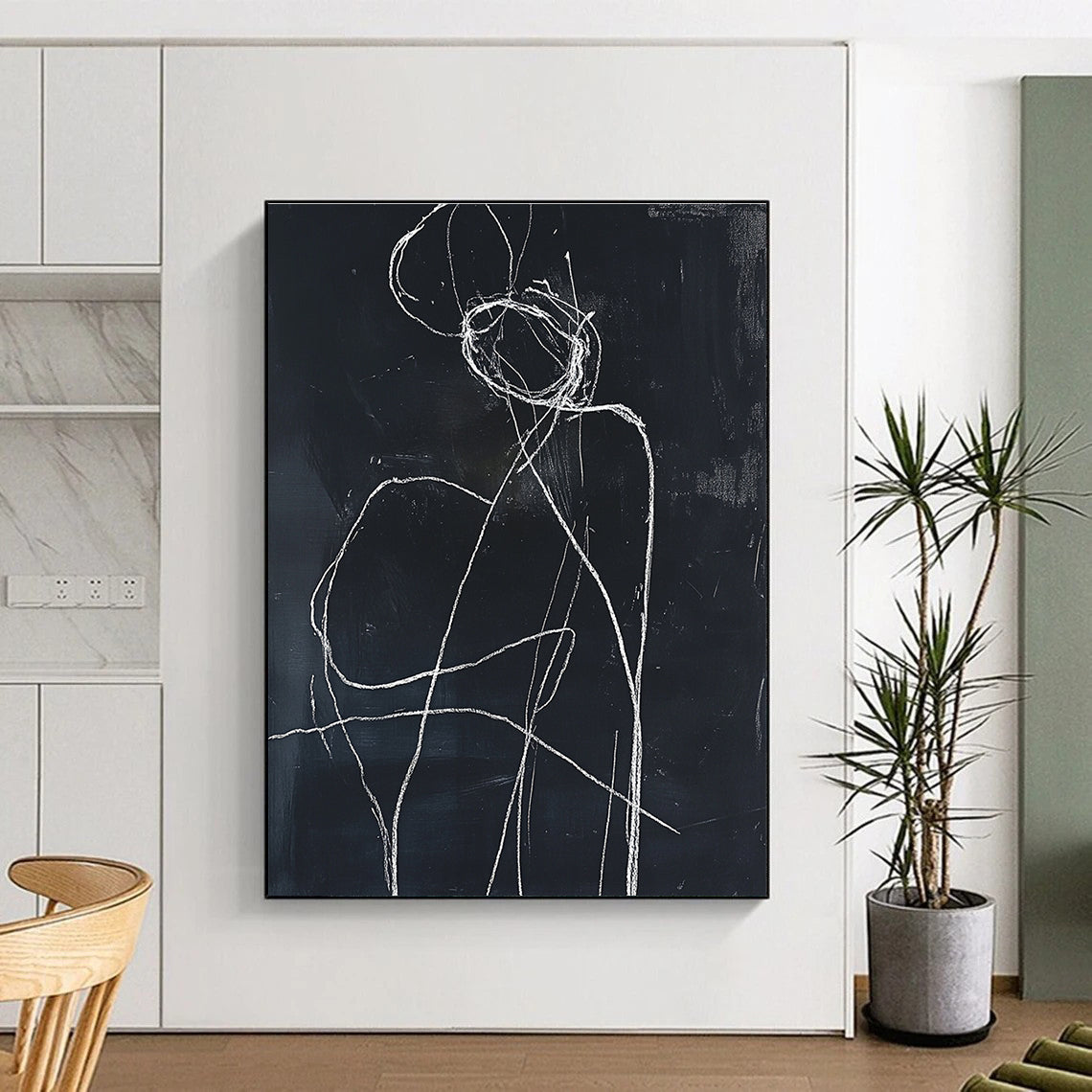 Minimalist Figure Sketch Painting with White Lines GAB0108