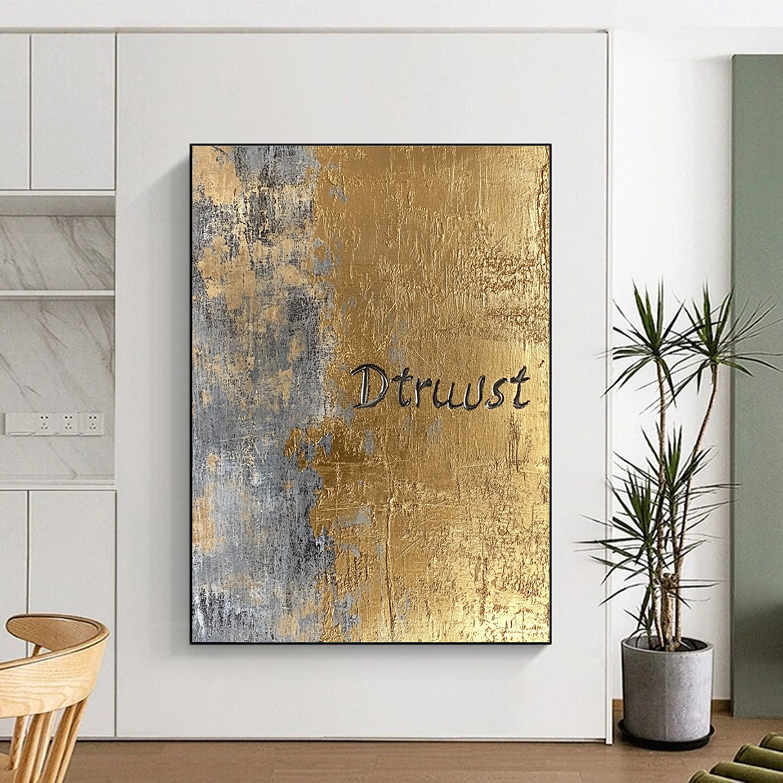Gold and Gray “Dtruust” Abstract Painting of Inspirational Text GAB0136