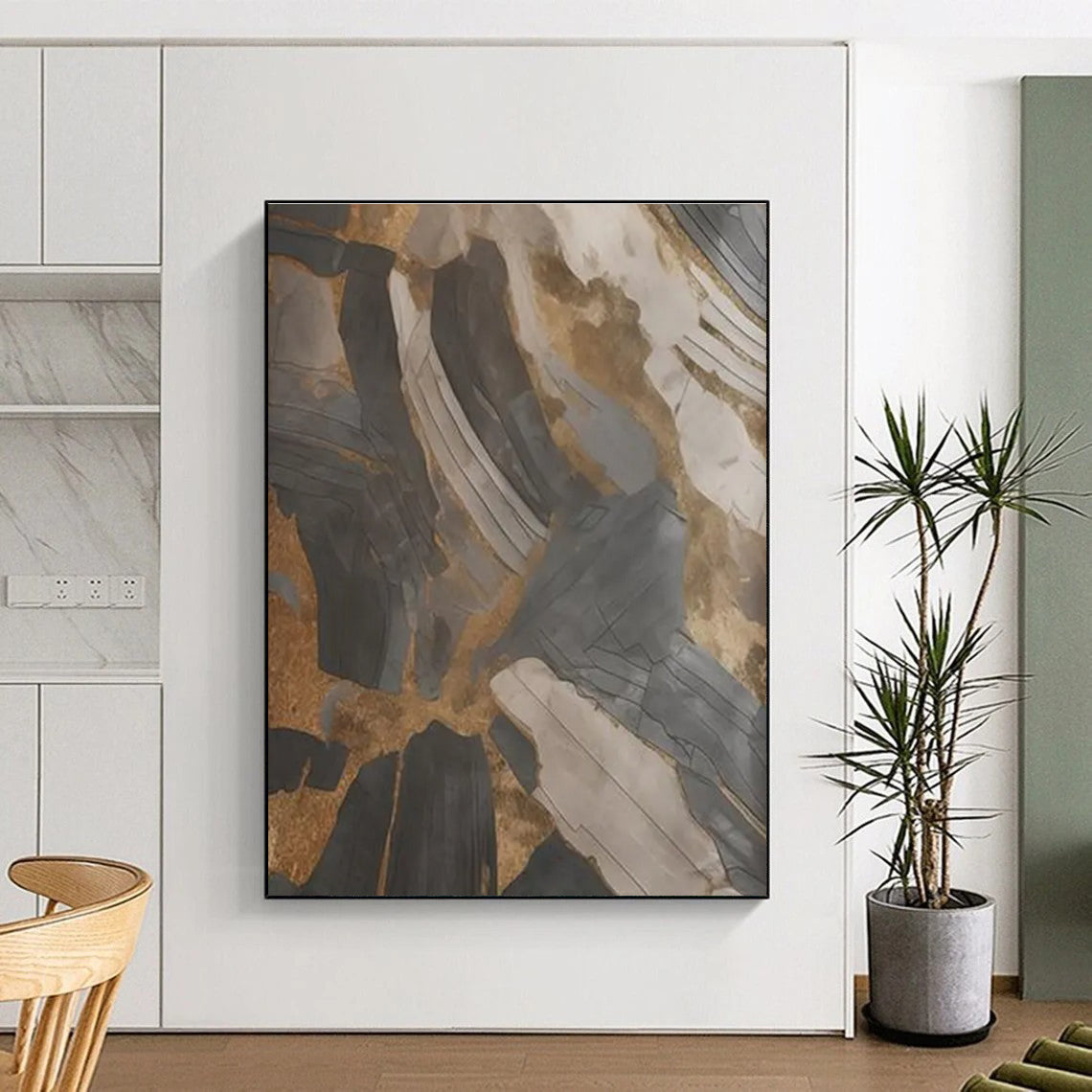 Black - Gold - Gray Abstract Painting for Opulent Residential Foyers HENG137