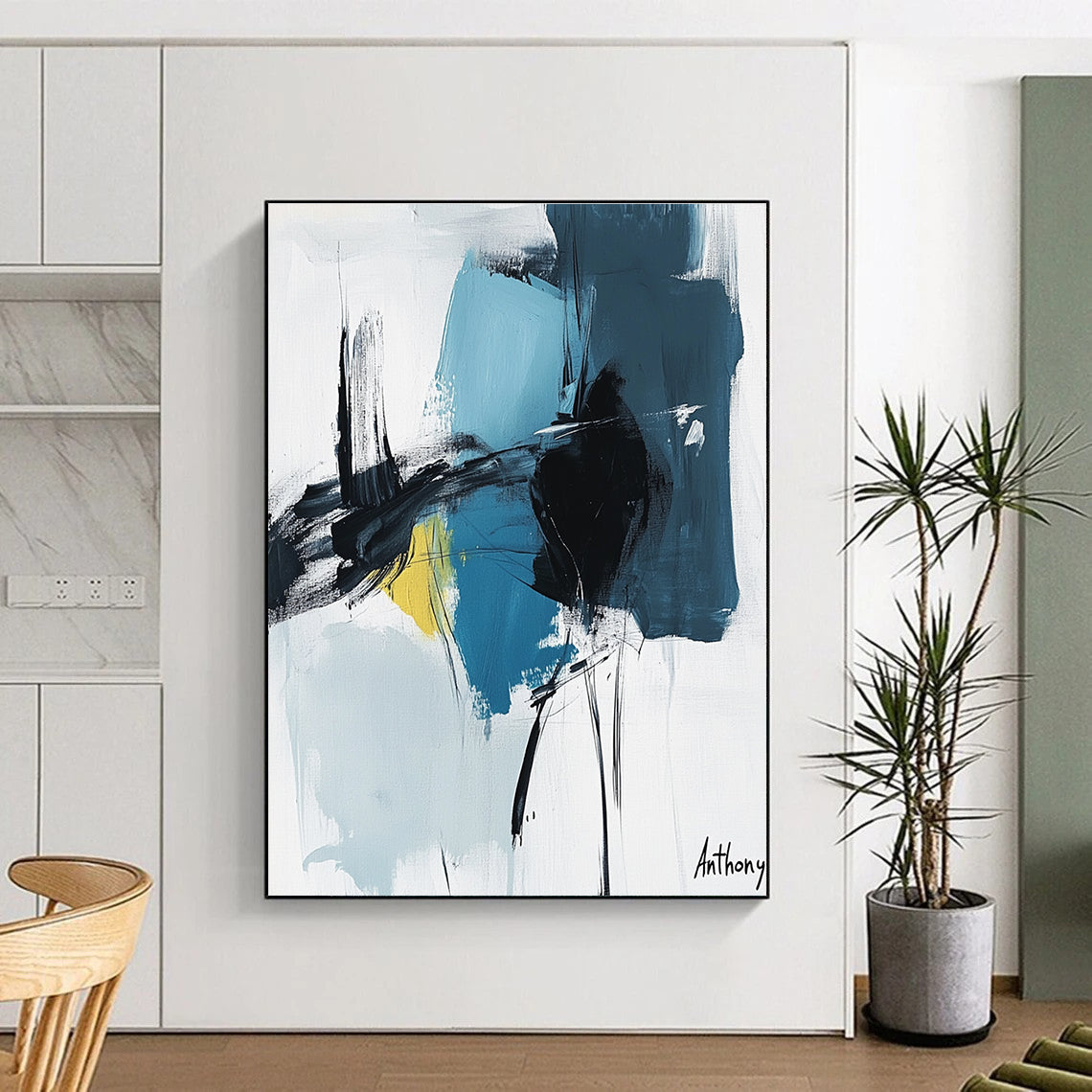 Bold Blue and Black Strokes Abstract Painting of Energetic Expression GAB0205