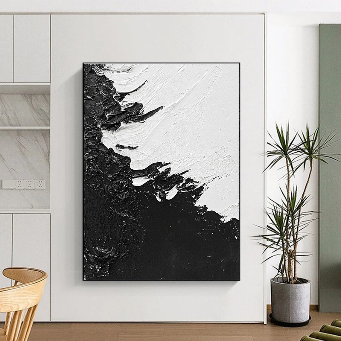 Textured Black and White Abstract Painting with Tactile Surfaces WINK825