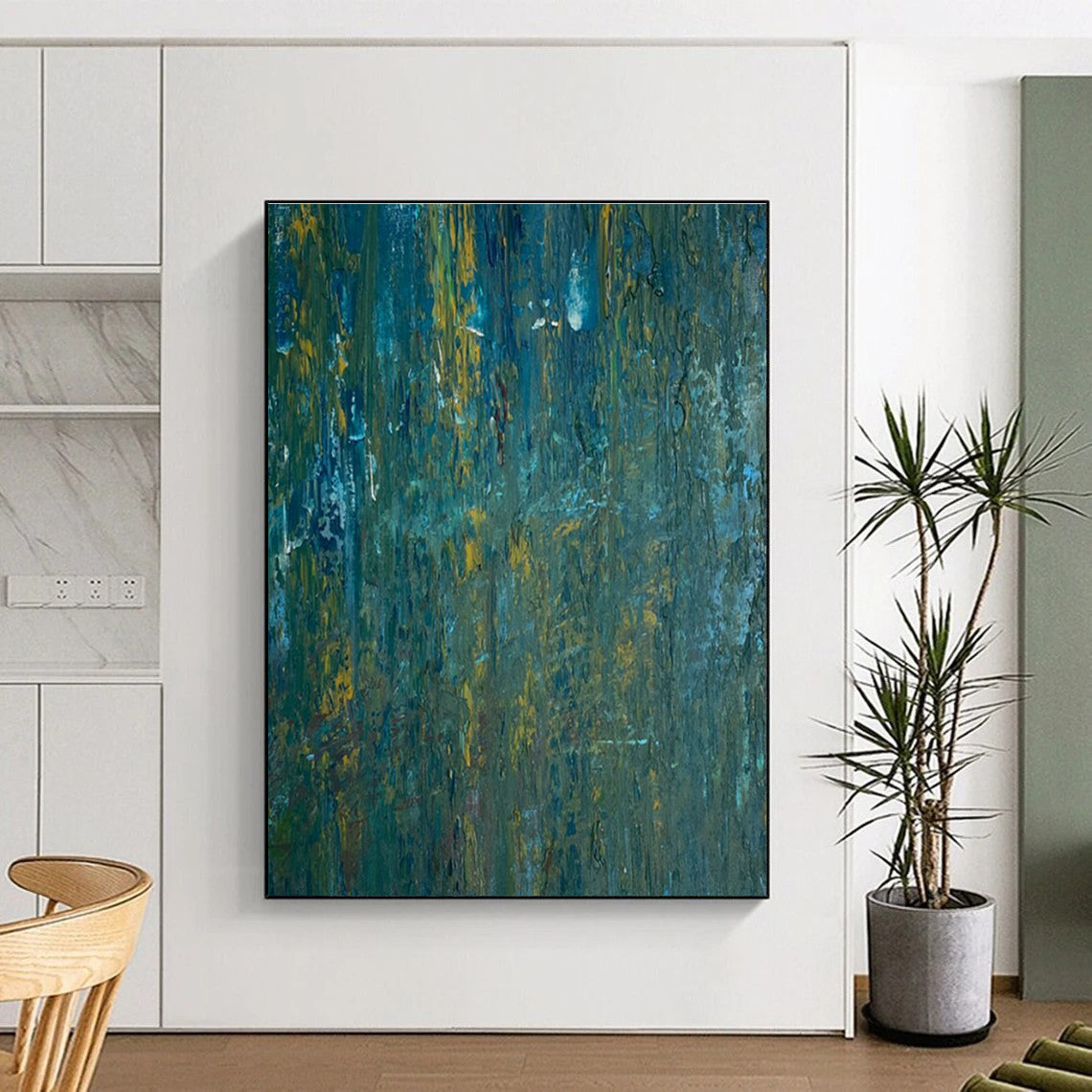 Teal and Yellow Textured Abstract Painting for Modern Beach Houses HENG461