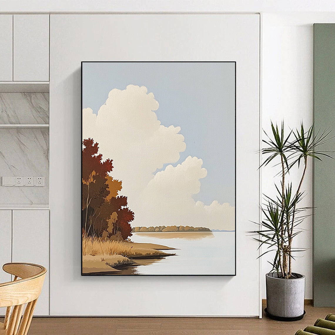 Serene Lake and Clouds Abstract Painting of Calm Nature GAB0155
