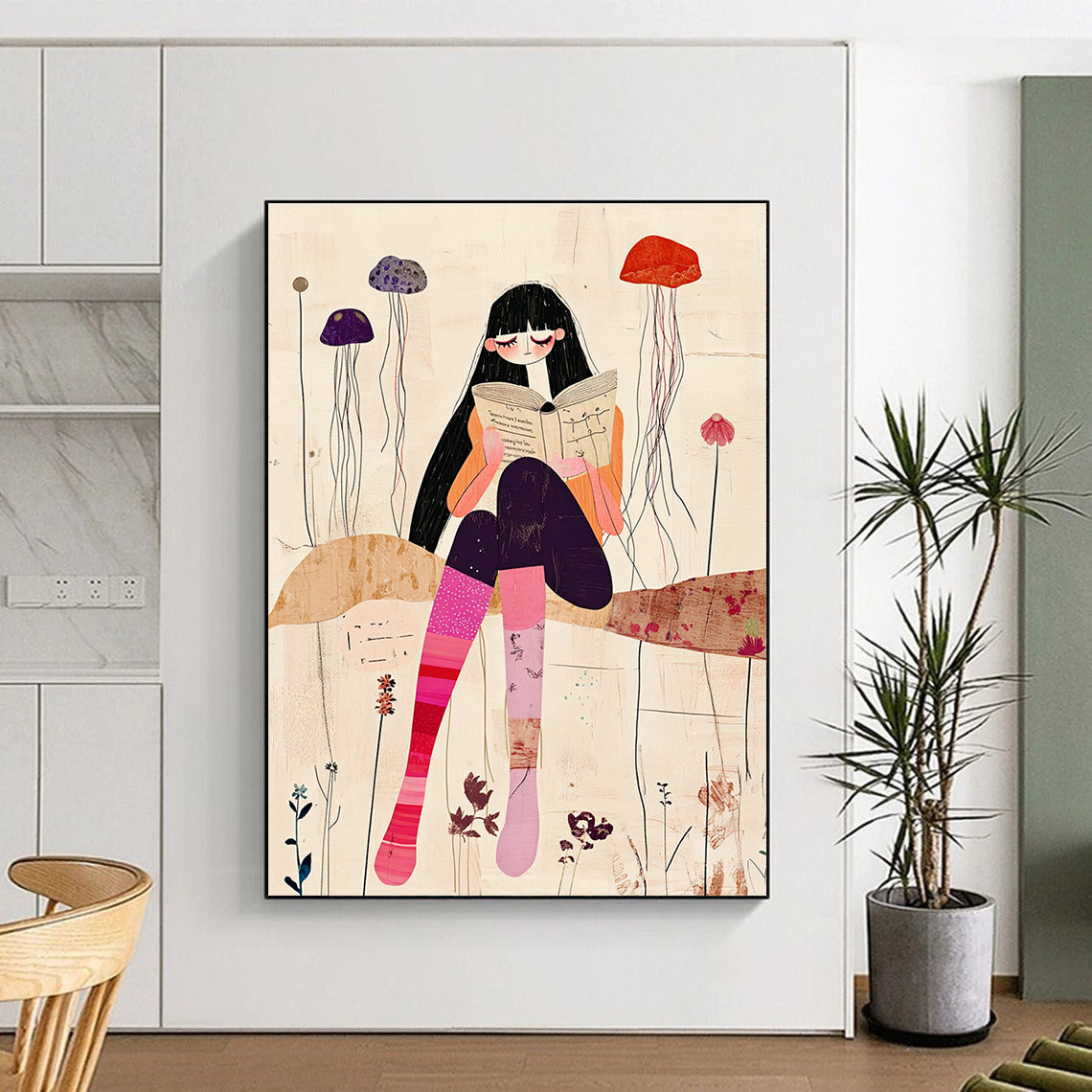 Girl Reading with Jellyfish - Serene Narrative Illustration GAB0398