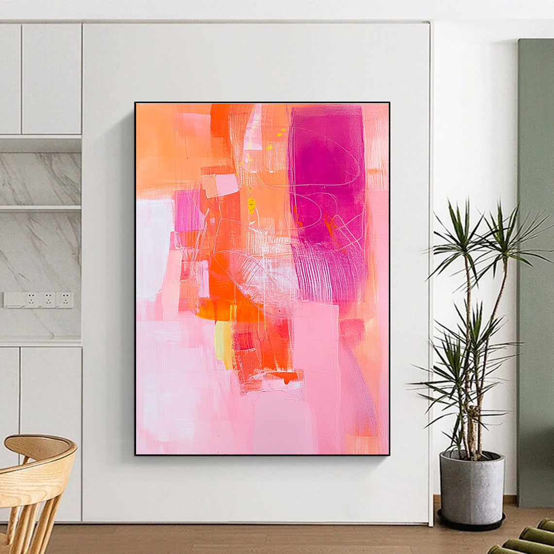 Vibrant Coral and Pink Abstract Painting with Energetic Joy WINK254