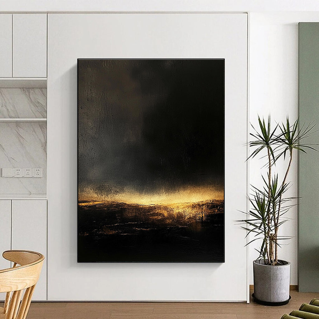 Dark Landscape with Golden Light Abstract Painting of Mysterious Dusk GAB0110