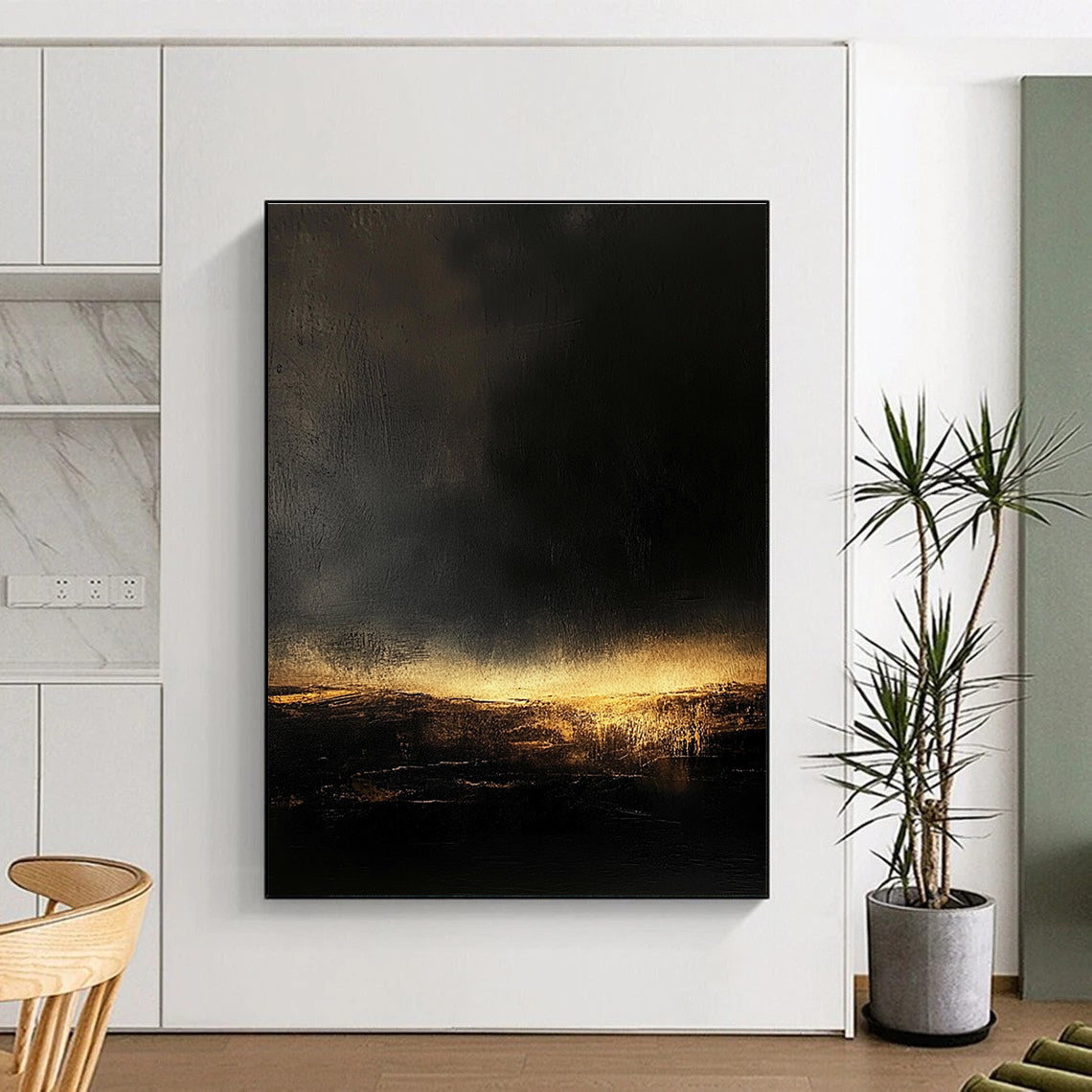 Dark Landscape with Golden Light Abstract Painting of Mysterious Dusk GAB0110