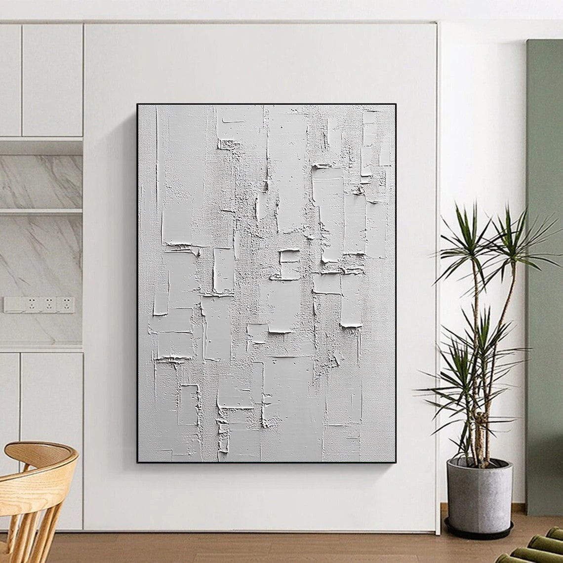 White Textured Rectangular Assemblage Painting with Minimalist Depth WINK063