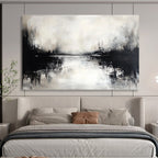 Monochrome Lake Scene: Moody Stillness in Black and White Abstract Painting ABS173