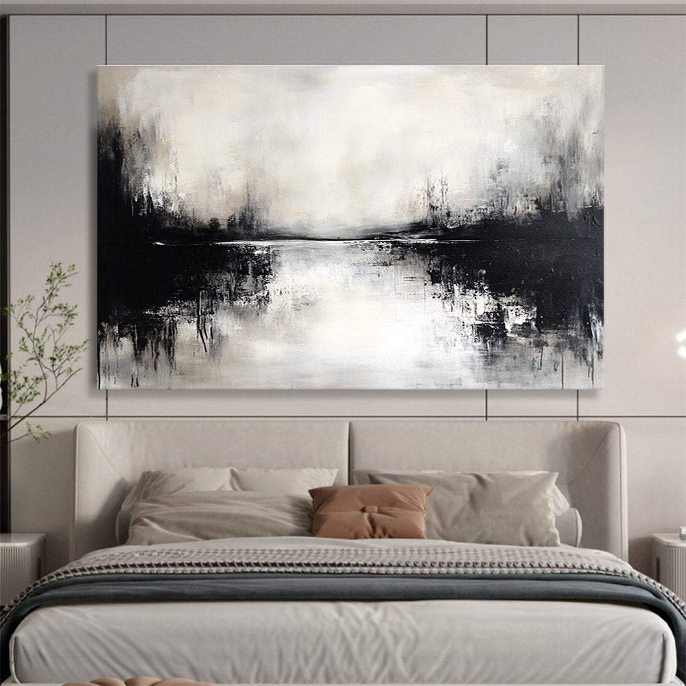 Monochrome Lake Scene: Moody Stillness in Black and White Abstract Painting ABS173