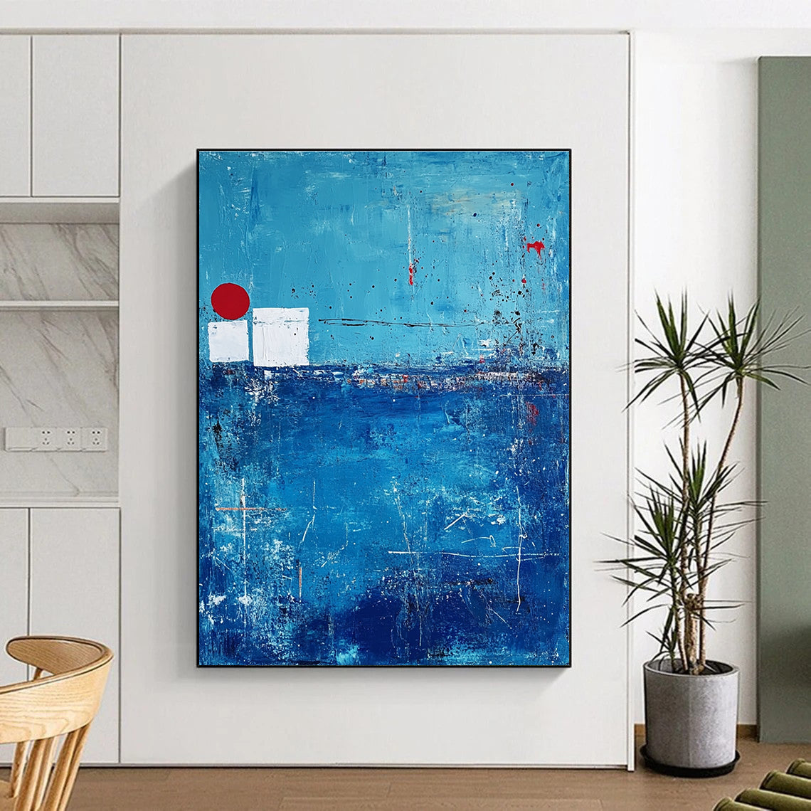 Blue Abstract with Red and White - Minimalist Color Block Abstract Art GAB0475