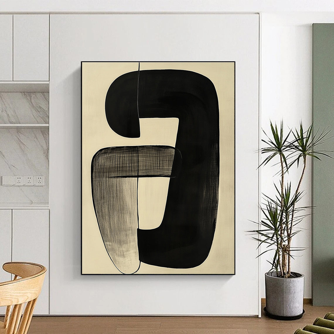 Curved Black Forms on Beige Abstract Painting with Subtle Flow WINK012