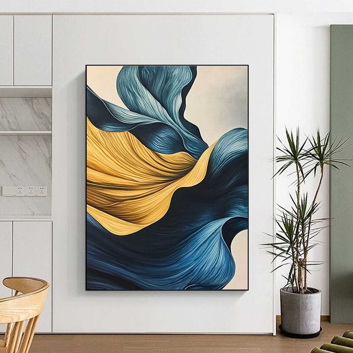 Blue and Yellow Flowing Shapes Abstract Painting with Graceful Movement WINK049
