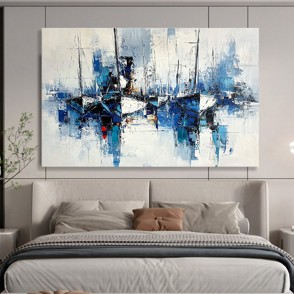 Blue - Toned Harbor Boats Scene Abstract Painting ABS191
