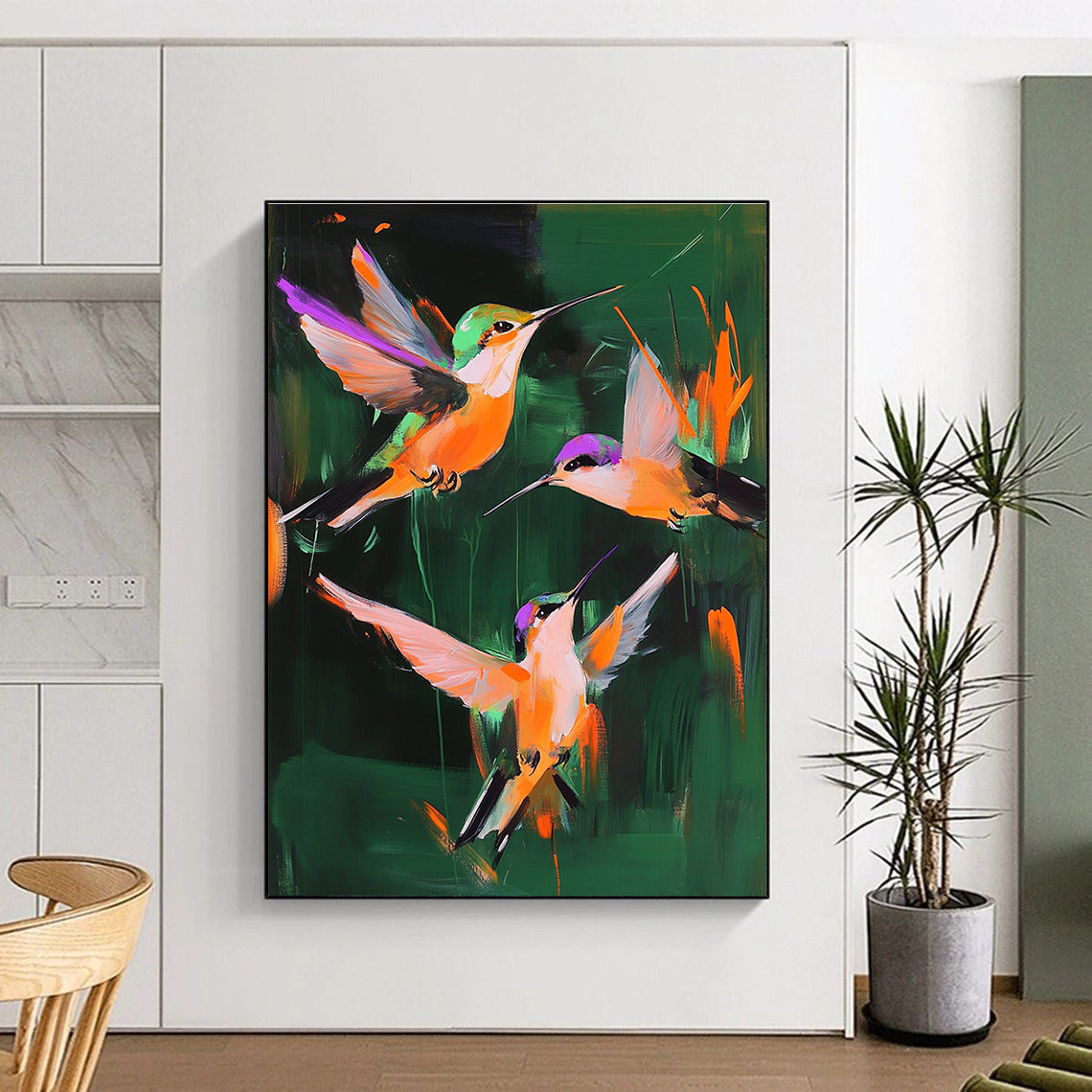 Colorful Hummingbirds Abstract Painting of Lively Vitality GAB0148