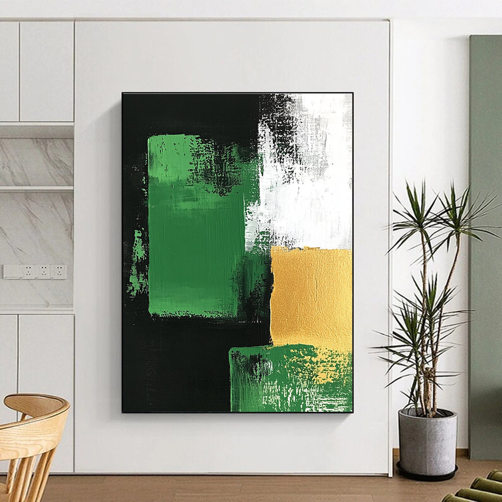 Green Gold Black Abstract Painting with Bold Geometry WINK678