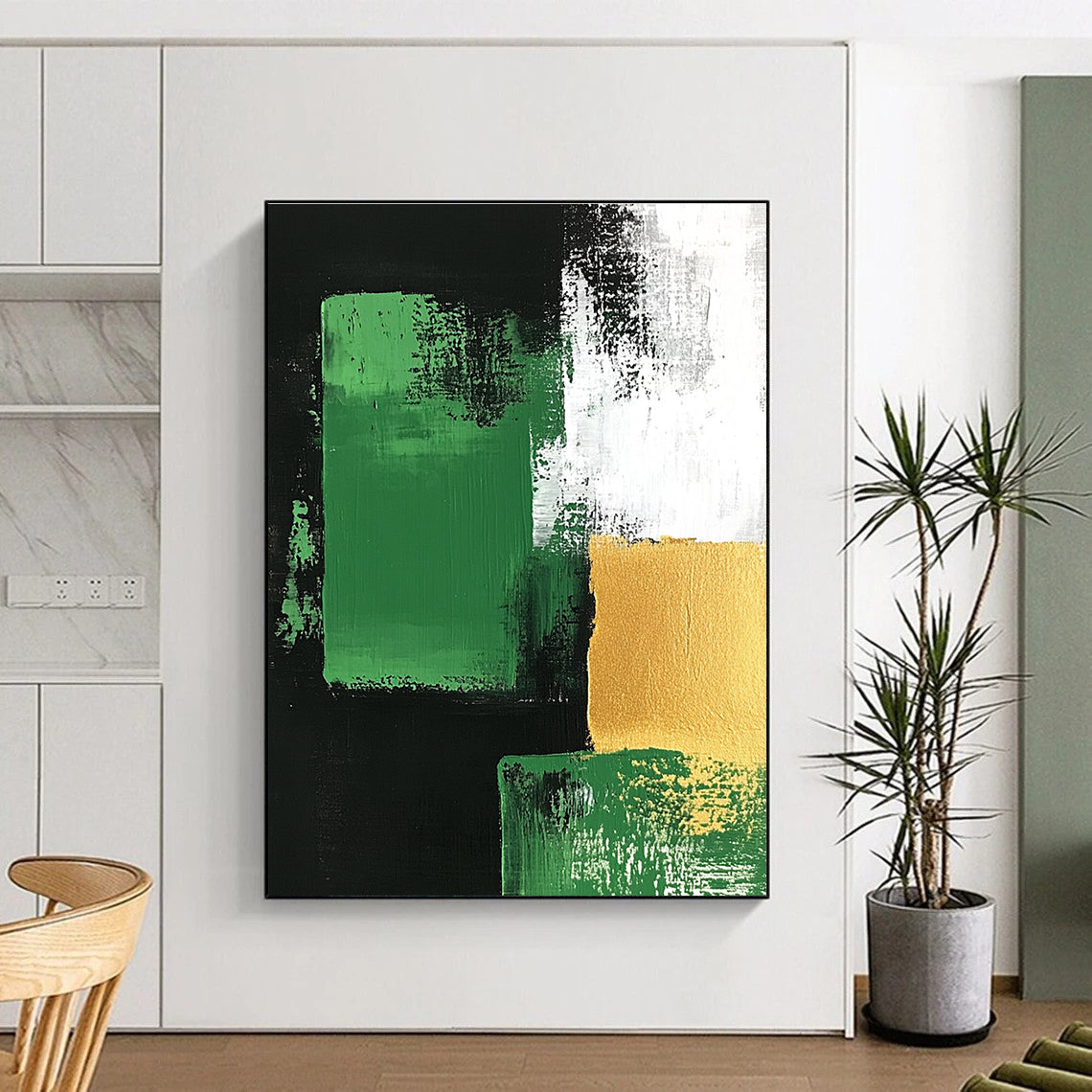 Green Gold Black Abstract Painting with Bold Geometry WINK678