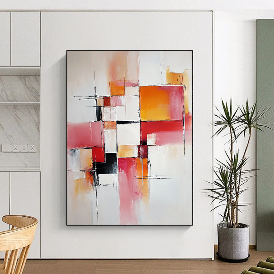Pink Orange Geometric Abstract Painting with Delicate Lines WINK681