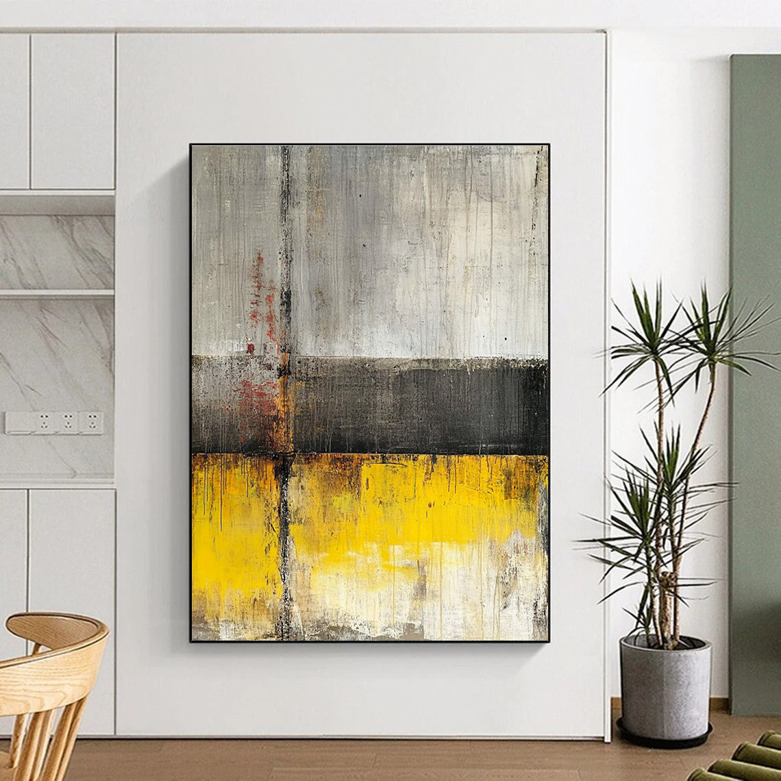 Gray - Yellow Abstract Cross Painting with Industrial Charm WINK422