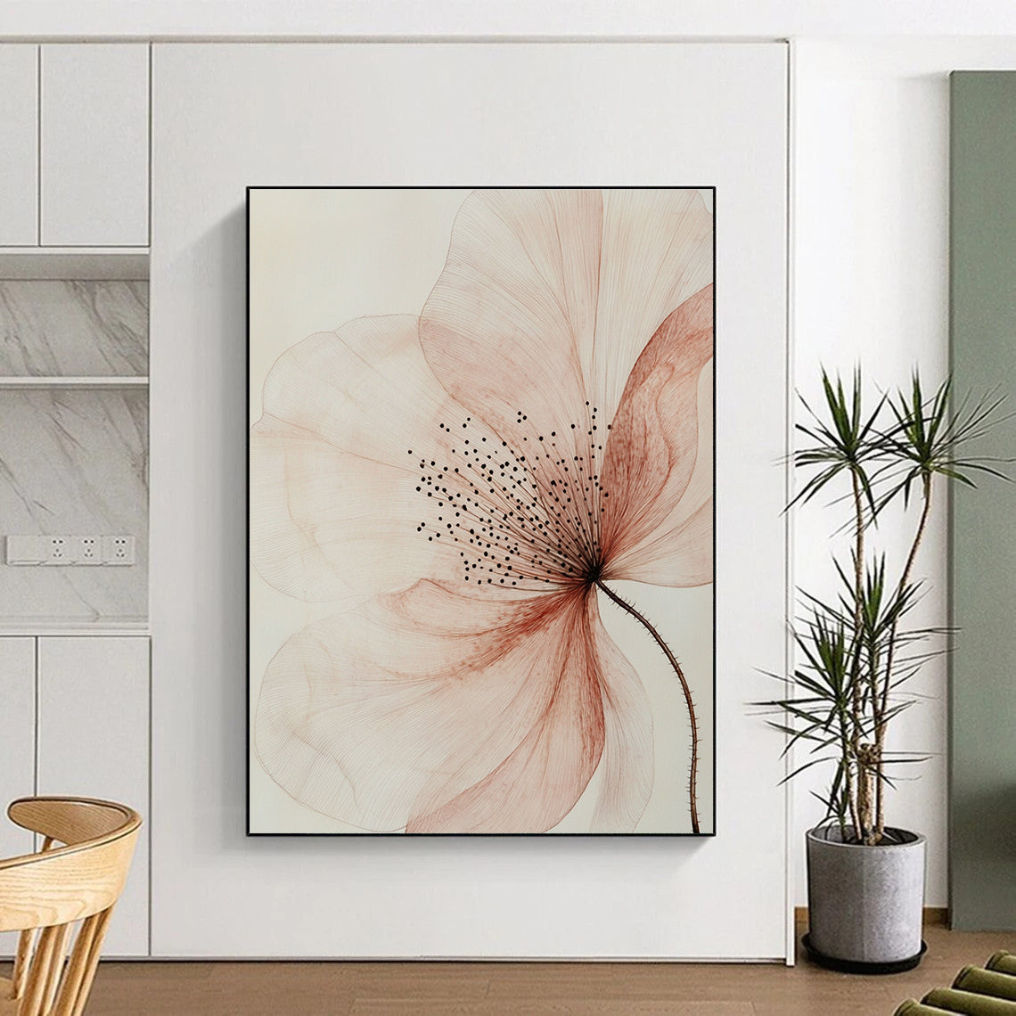 Delicate Pink Flower Sketch Abstract Painting with Fine Details GAB0073