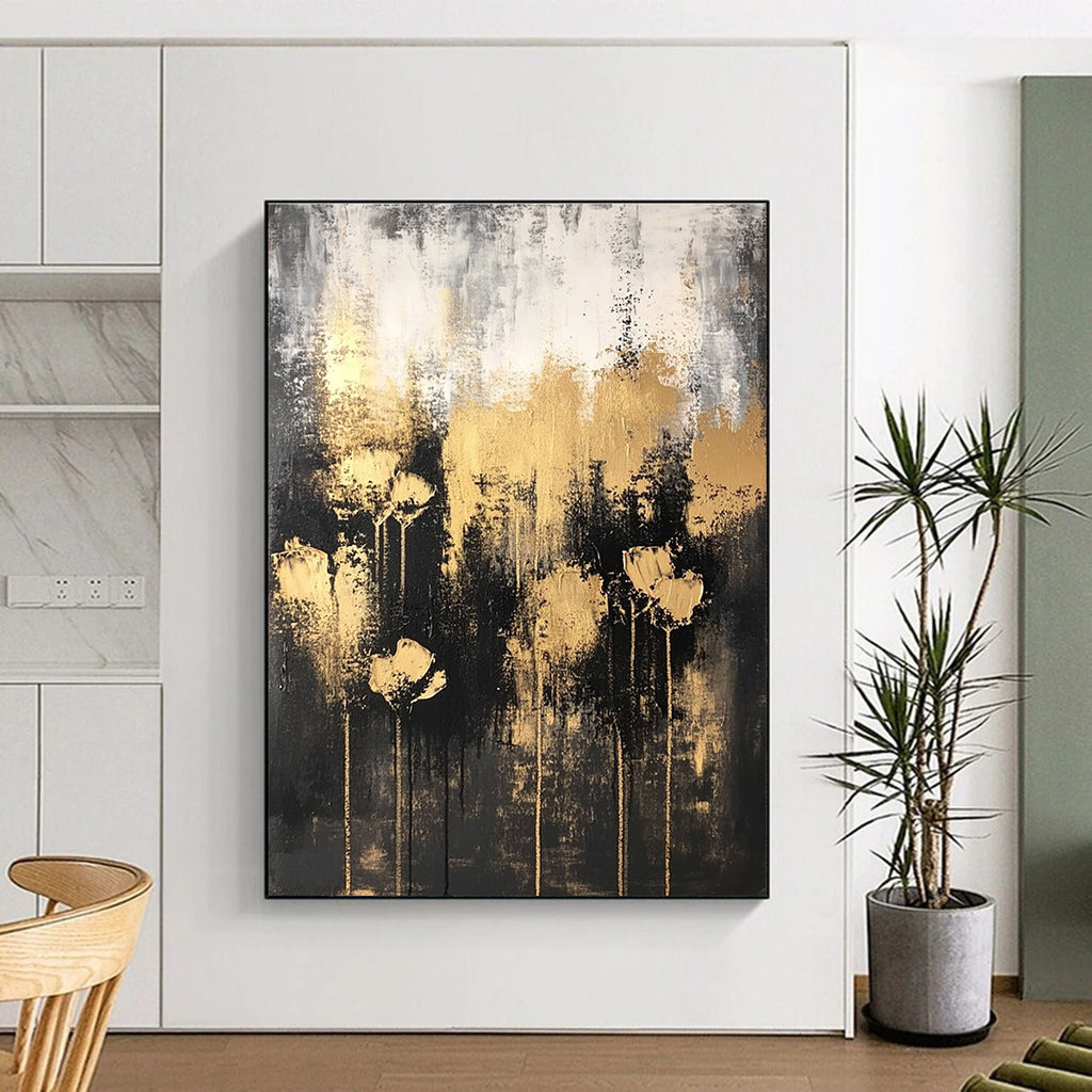 Dark - Toned Abstract Flower Painting with Golden Blooms GAB0667