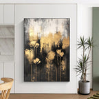 Dark - Toned Abstract Flower Painting with Golden Blooms GAB0667