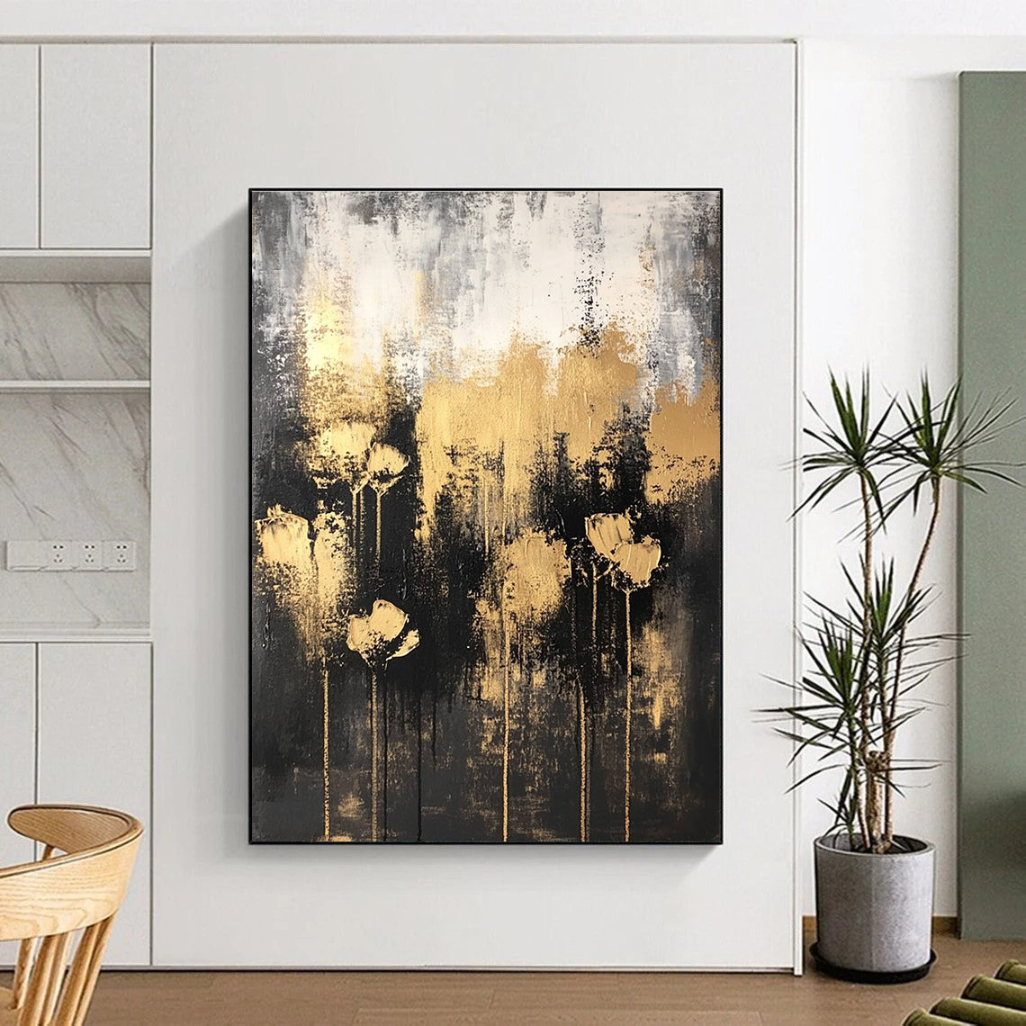 Dark - Toned Abstract Flower Painting with Golden Blooms GAB0667
