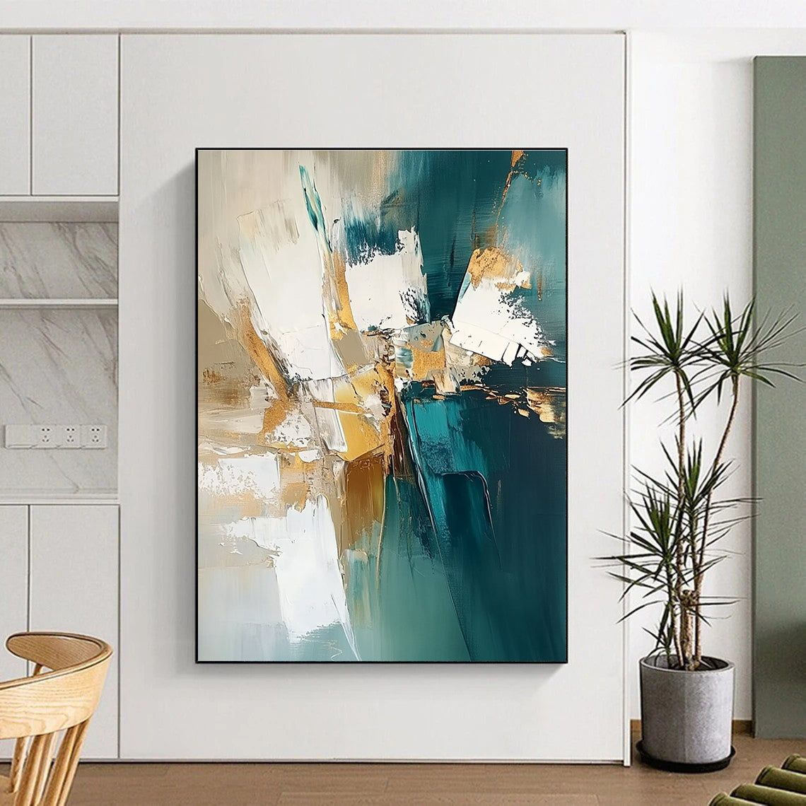 Teal and Gold Textured Abstract Painting for Coastal - Inspired Living Rooms GAB0901