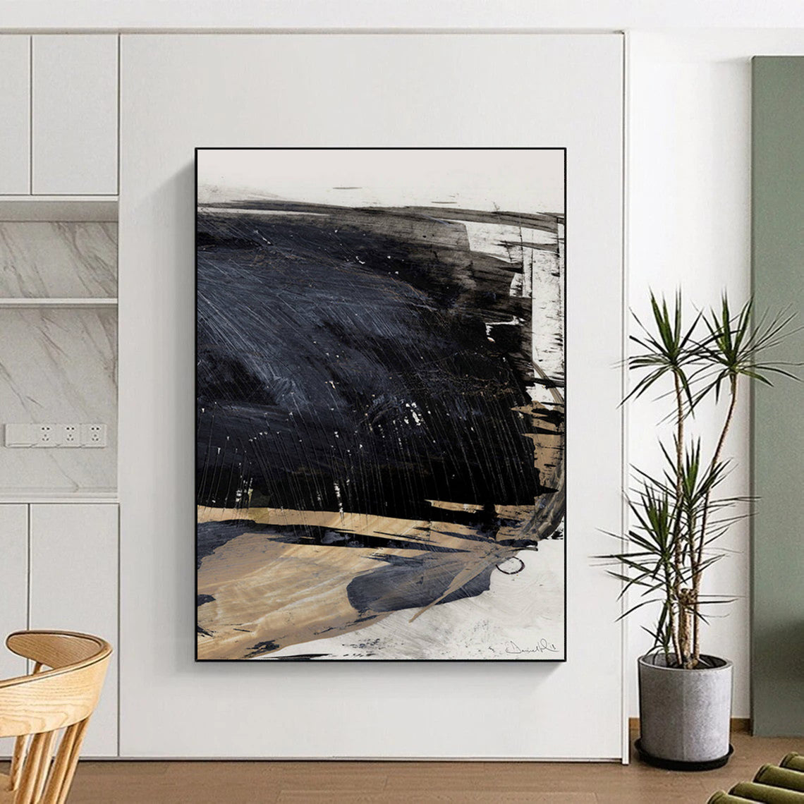 Dynamic Black - Beige Abstract Painting for Contemporary Art Exhibits HENG202