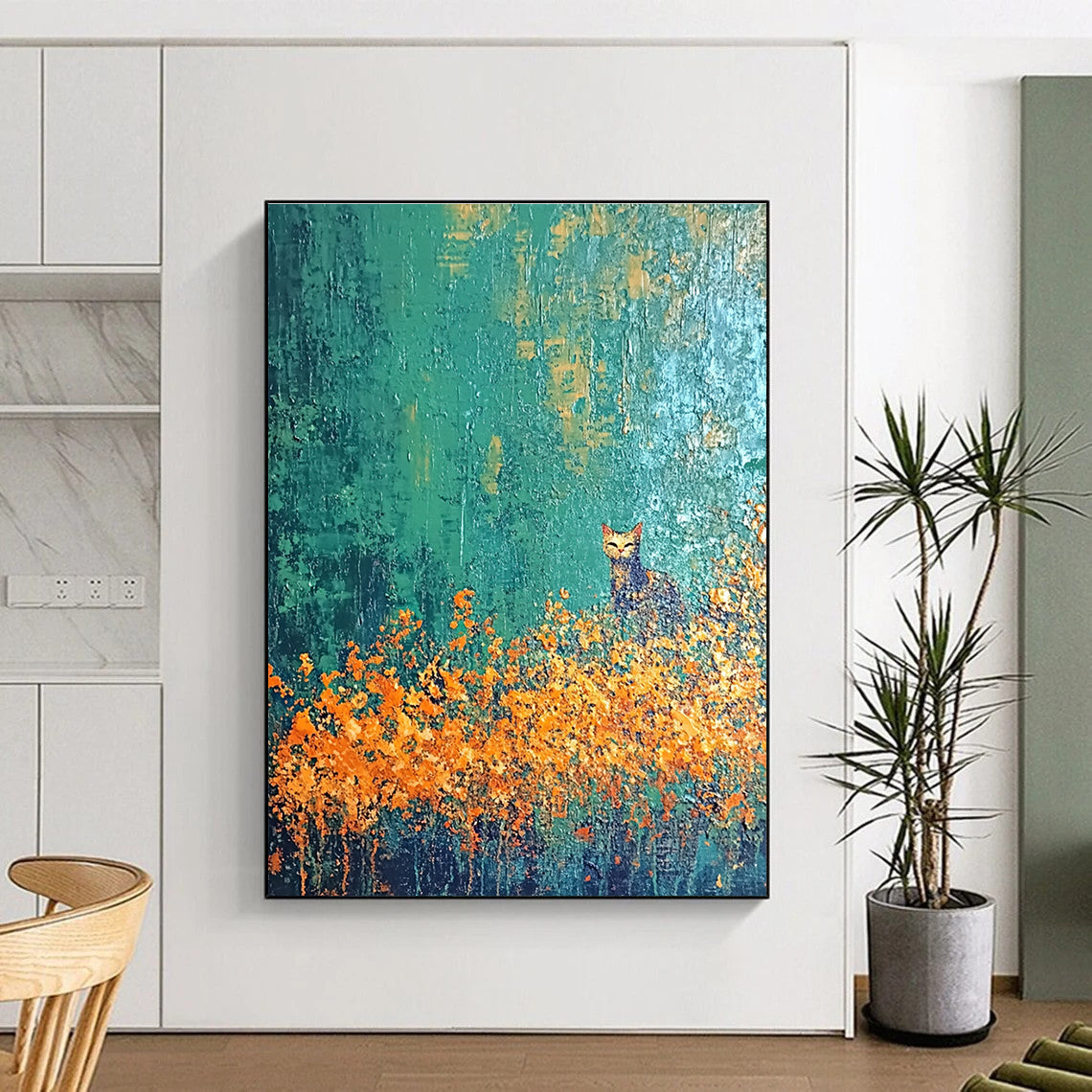 Cat in the Flower Field Enchanted Landscape Abstract Painting GAB0261