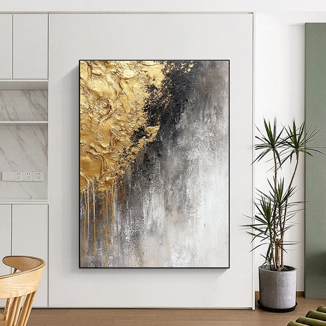 Black Gold Gray Abstract Painting with Dramatic Contrast WINK645