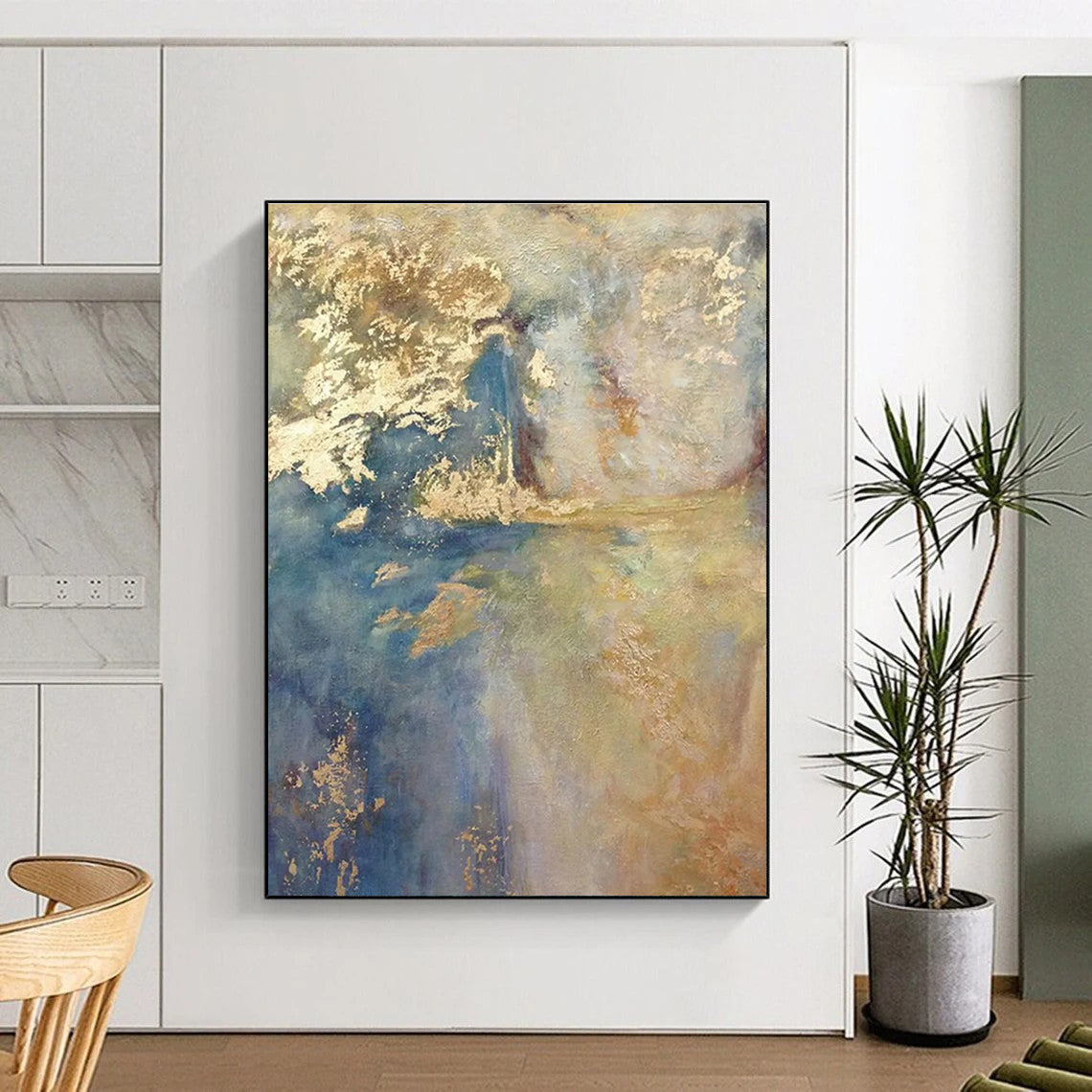 Blue and Gold Abstract Landscape Painting for Elegant Dining Rooms HENG504