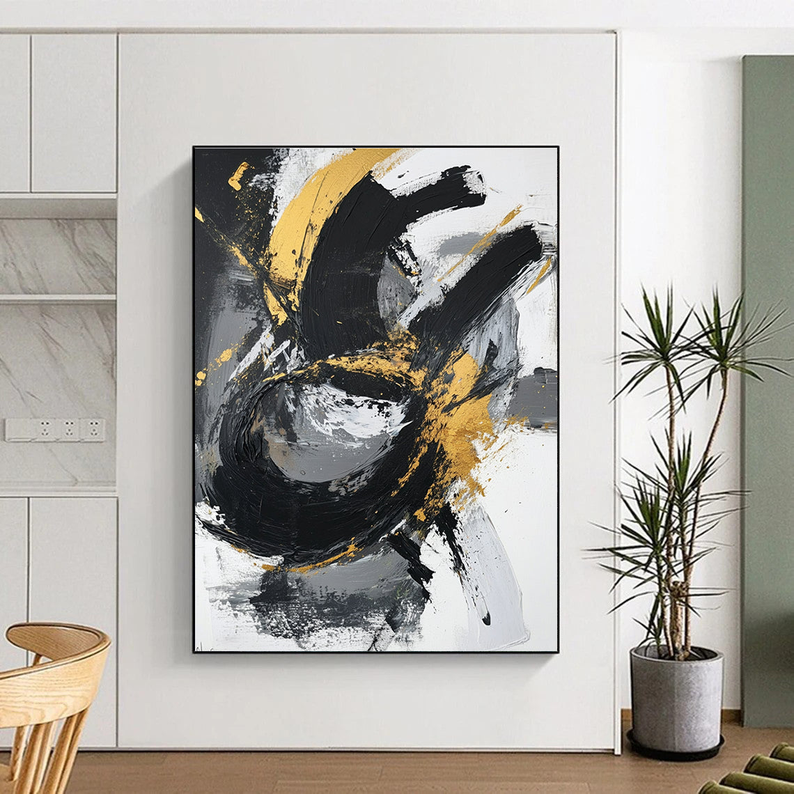 Gold - Black Abstract Swirl Painting with Elegant Movement WINK367