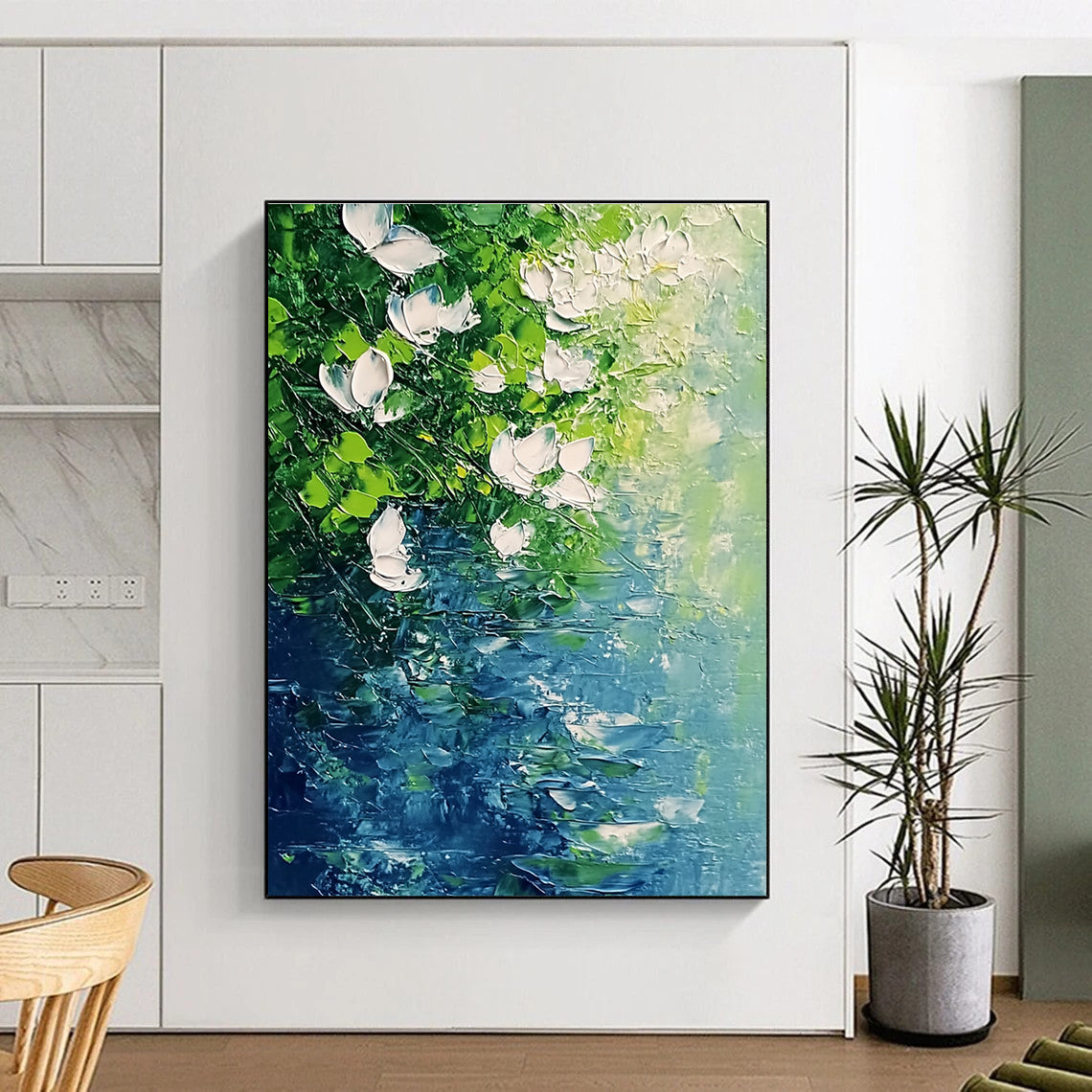 White Flowers Over Water Serene Abstract Painting for Relaxing Spaces GAB1525