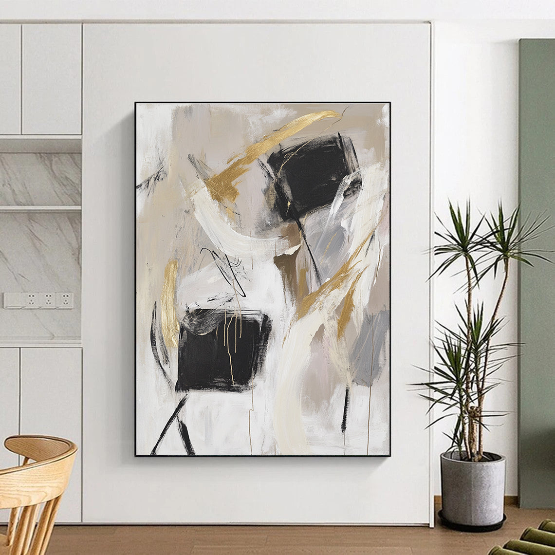 Black and Gold Abstract Painting for Luxury - Minimalist Home Offices GAB0915