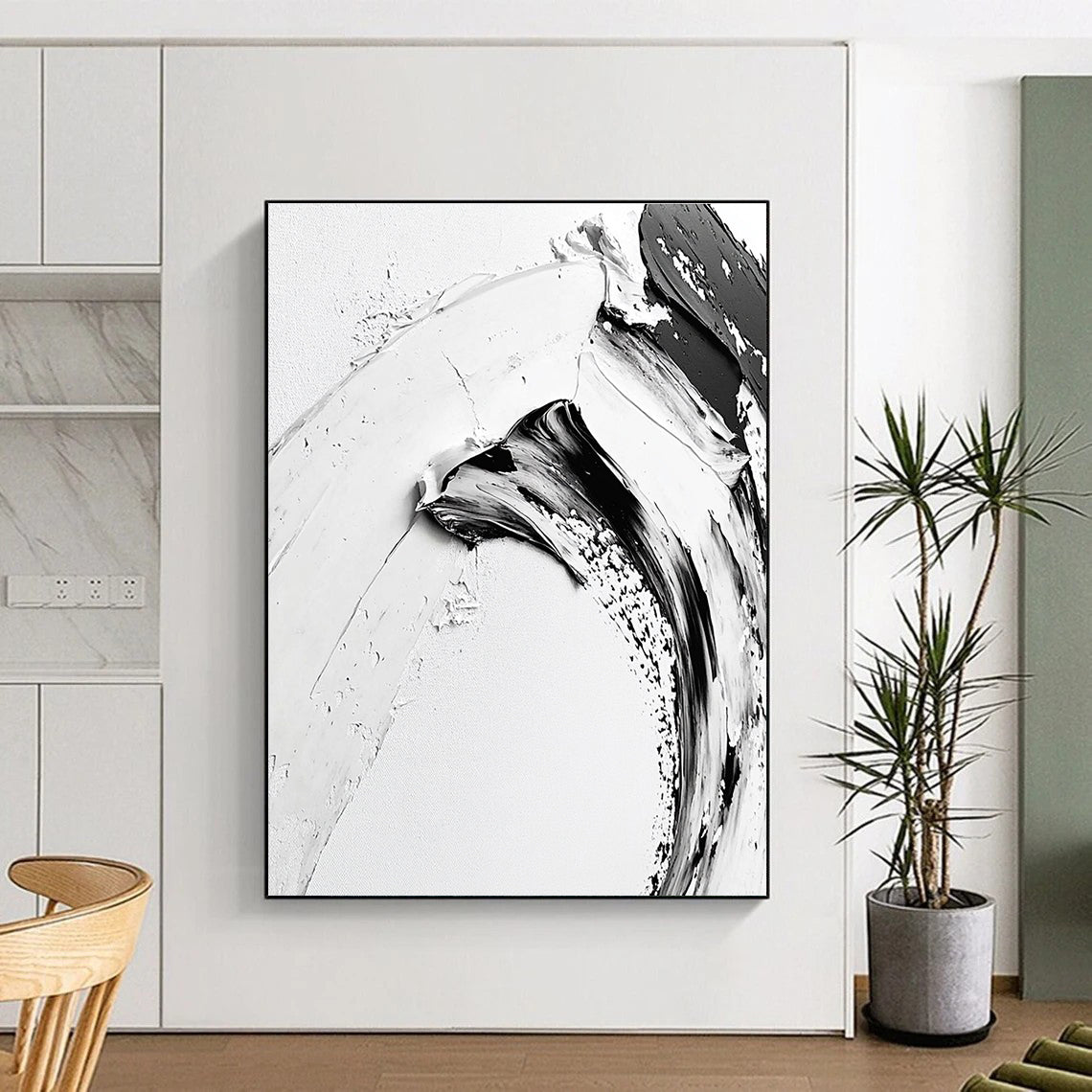 Curved Black - White Abstract Painting with Graceful Contrast WINK351