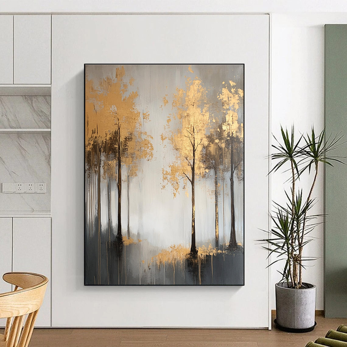 Gold Trees on Gray Elegant Abstract Landscape GAB0334