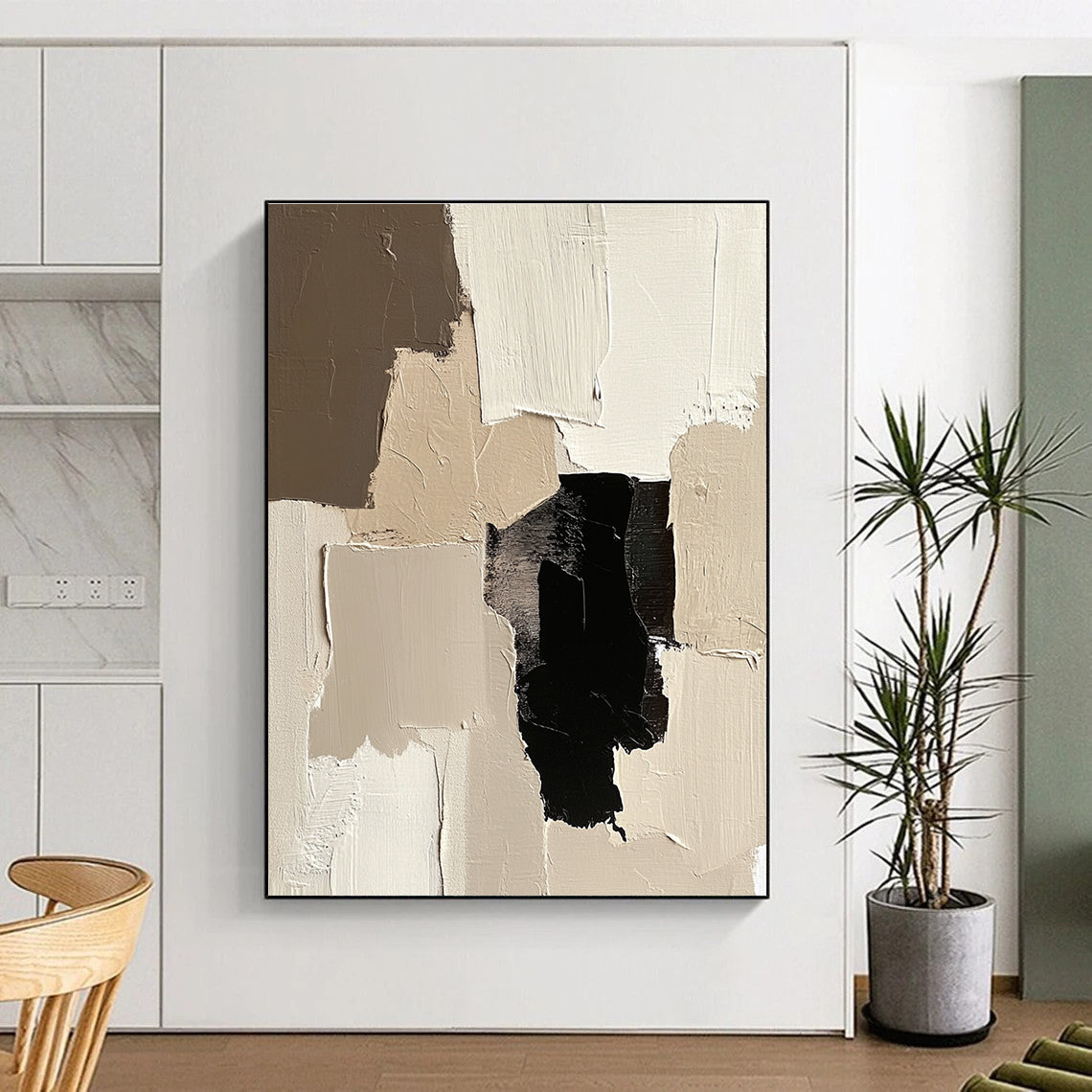 Beige Black Abstract Blocks Painting with Minimalist Depth WINK452