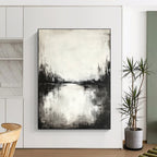 Black and White River Scene - Serene Minimalist Abstract Painting GAB0451