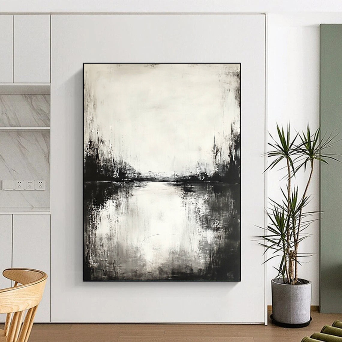 Black and White River Scene - Serene Minimalist Abstract Painting GAB0451