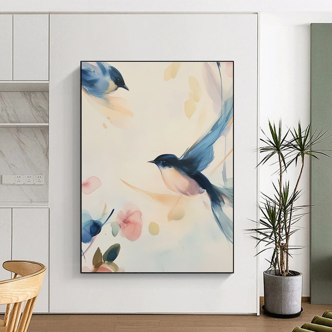 Watercolor Birds and Flowers Abstract Painting for Serene Bedrooms GAB0970