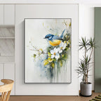 Delicate Bird and Flowers Abstract Painting with Watercolor Whimsy GAB0017
