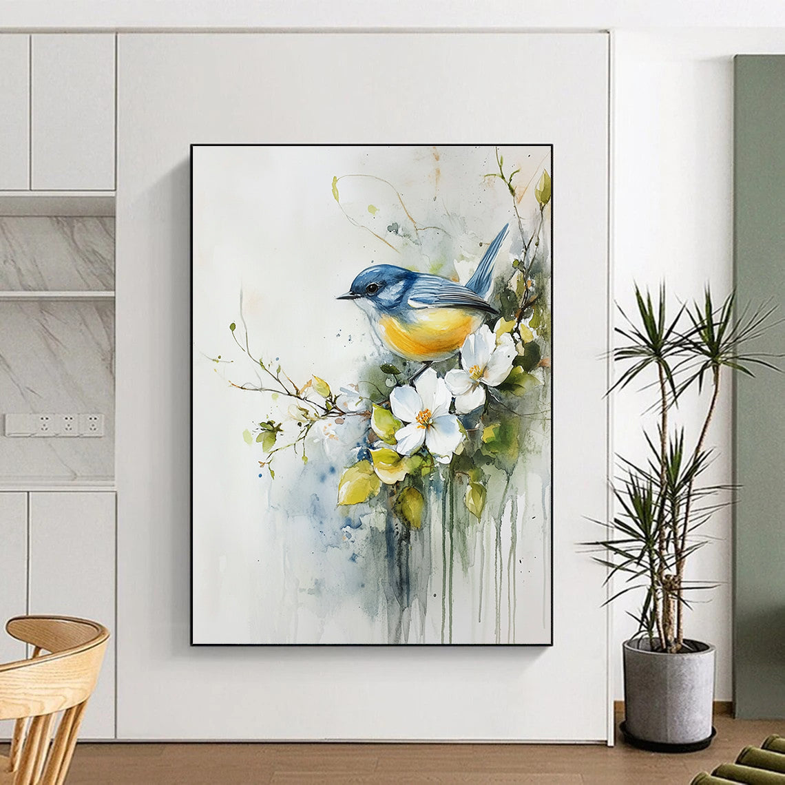 Delicate Bird and Flowers Abstract Painting with Watercolor Whimsy GAB0017