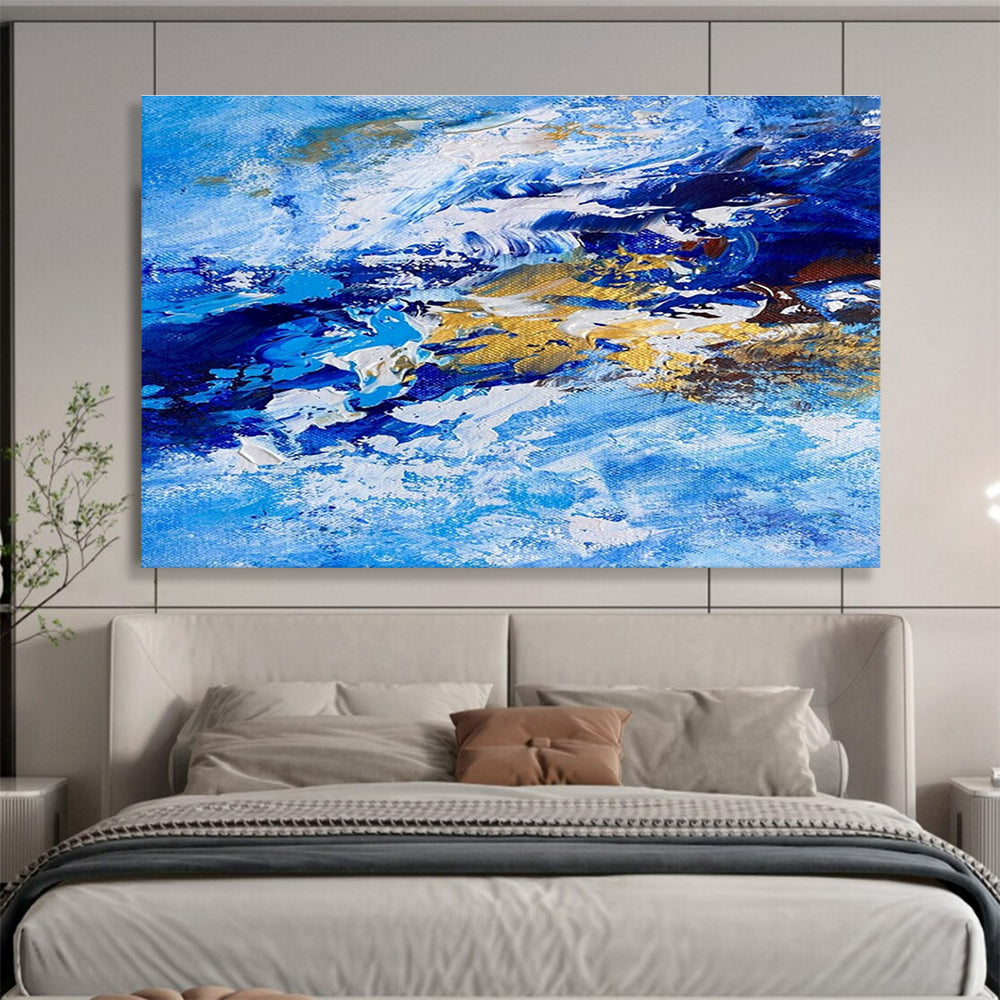 Blue and Gold Wave Abstract Painting for Nautical - Inspired Lounges YHT345