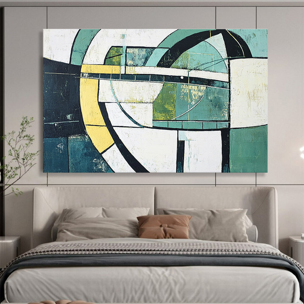Green and Yellow Geometric Abstract Painting with Structural Harmony ABS411