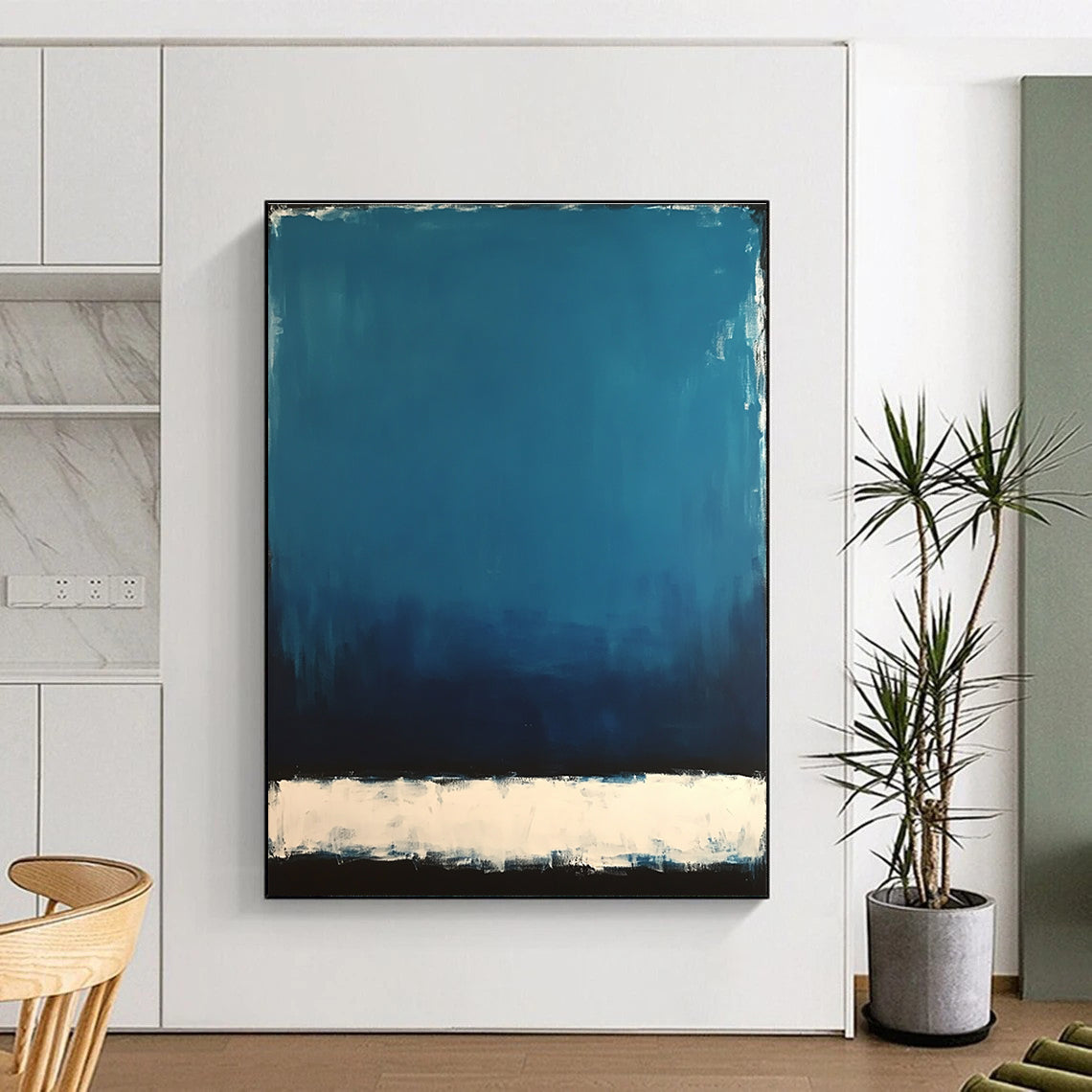 Deep Blue with White and Black Bands Abstract Painting with Layered Depth WINK027