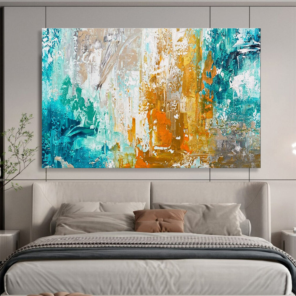 Teal - Gold - Orange Abstract Painting for Coastal Art Galleries YHT382