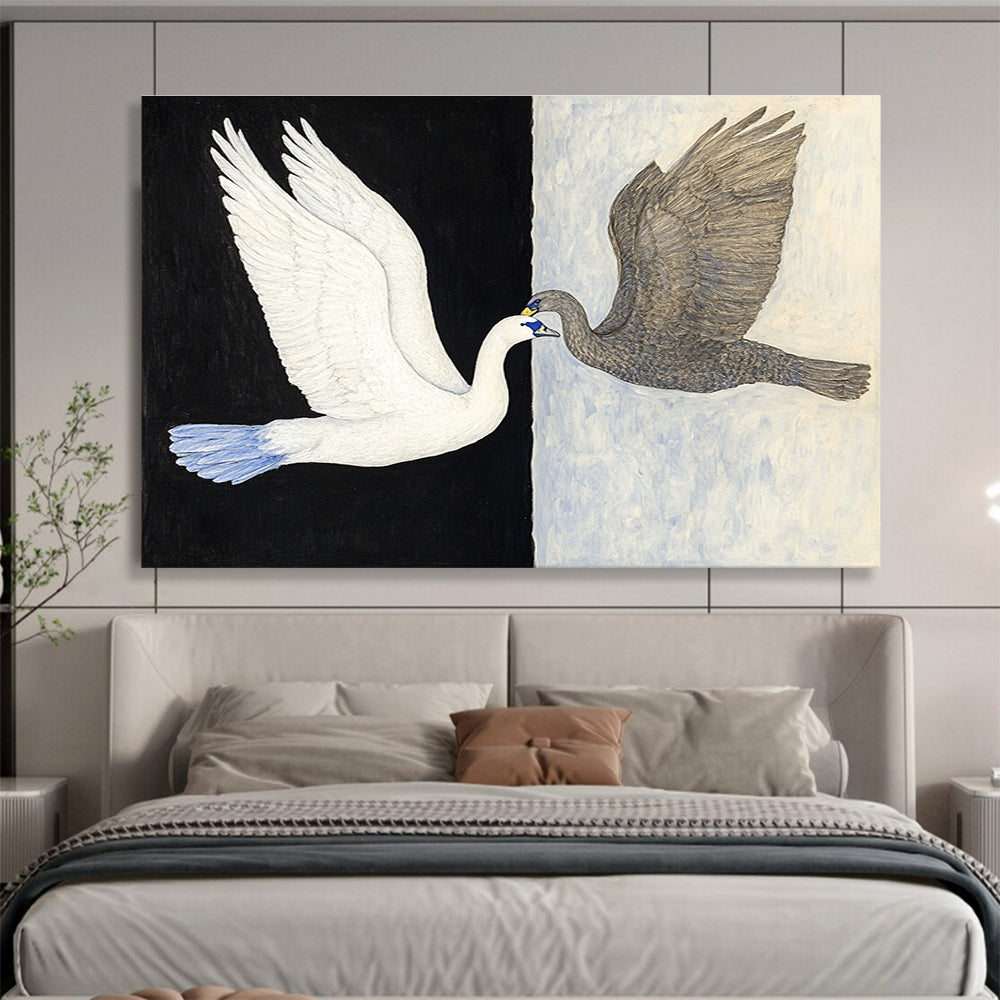 Symbolic Black - White Swans Art Exploring Duality and Harmony in Nature Abstract Painting ABS149