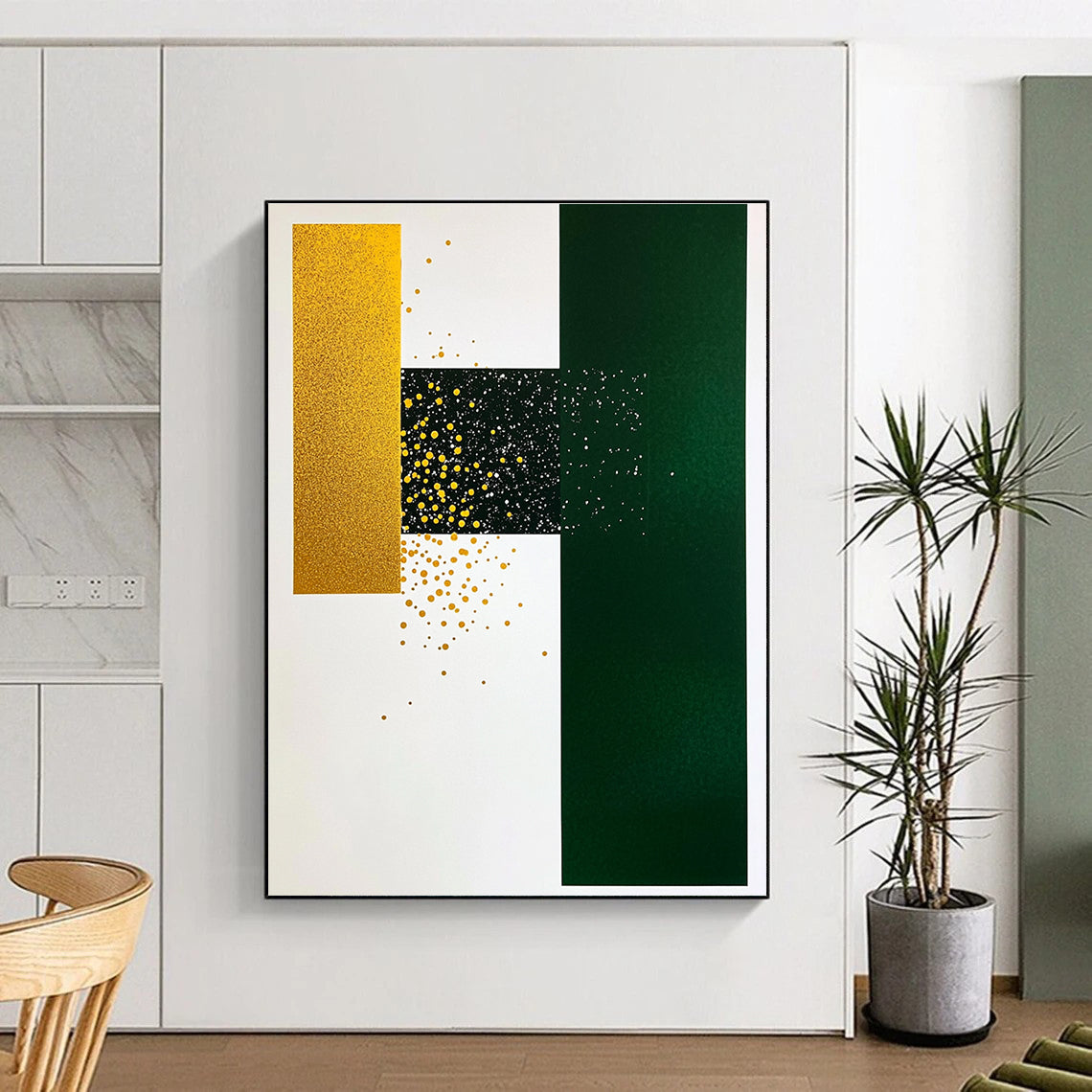 Gold Green Geometric Dots Abstract Painting of Playful Opulence GAB0144